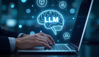 Typing on a laptop with an llm brain graphic overlayed on the screen